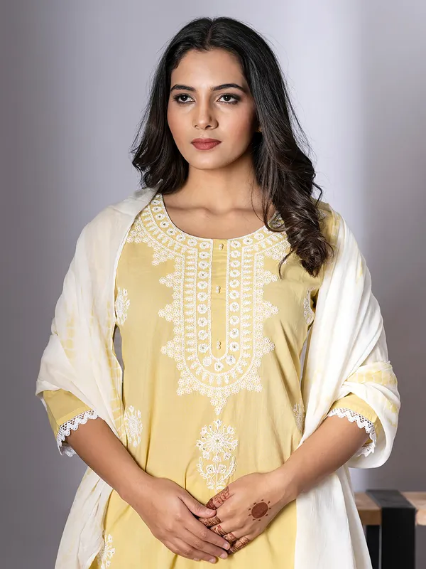 Yellow cotton kurti set with dupatta for women