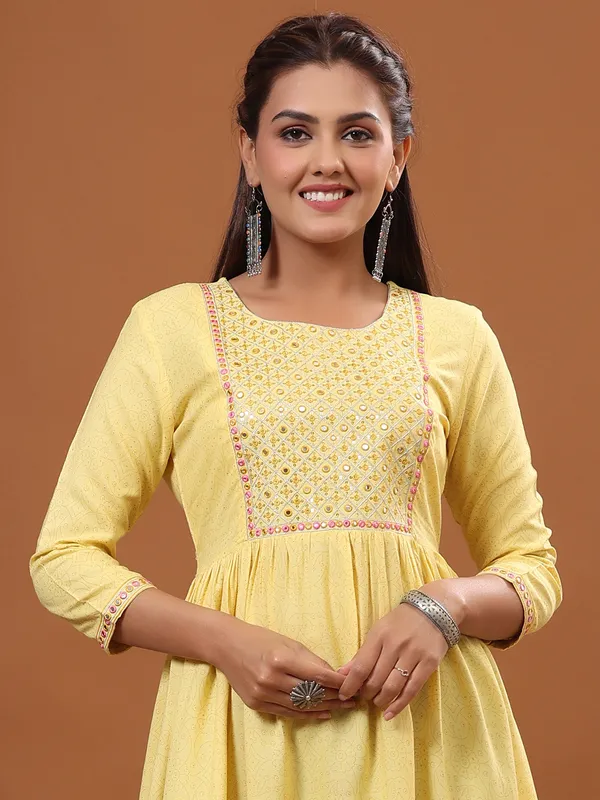 Yellow cotton long printed kurti