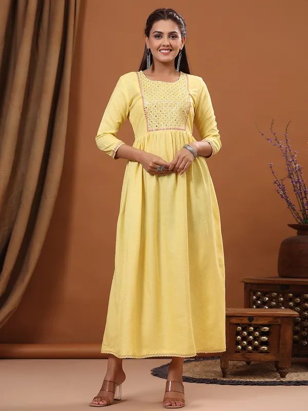 Yellow cotton long printed kurti