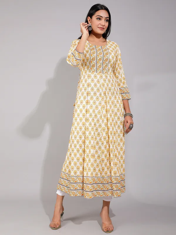 Yellow cotton printed anarkali style kurti for casual