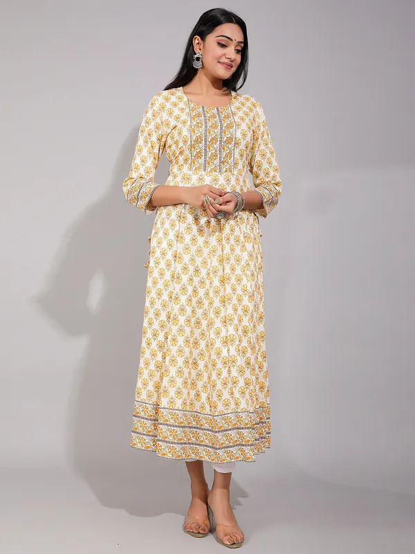 Yellow cotton printed anarkali style kurti for casual