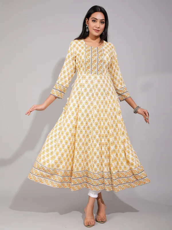 Yellow cotton printed anarkali style kurti for casual
