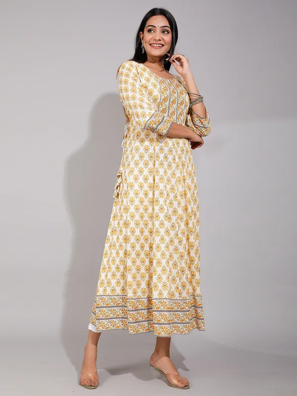 Yellow cotton printed anarkali style kurti for casual
