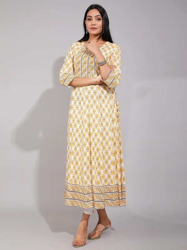Yellow cotton printed anarkali style kurti for casual