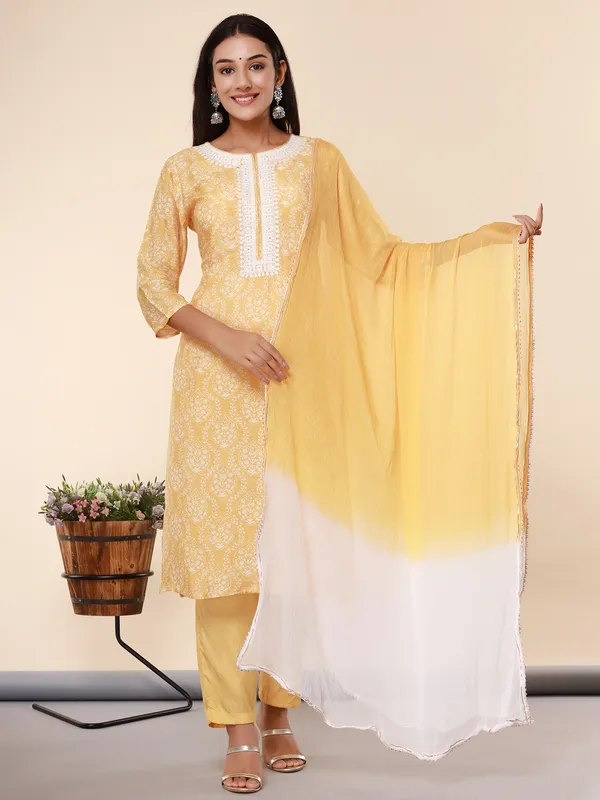 Yellow cotton printed kurti set for casual