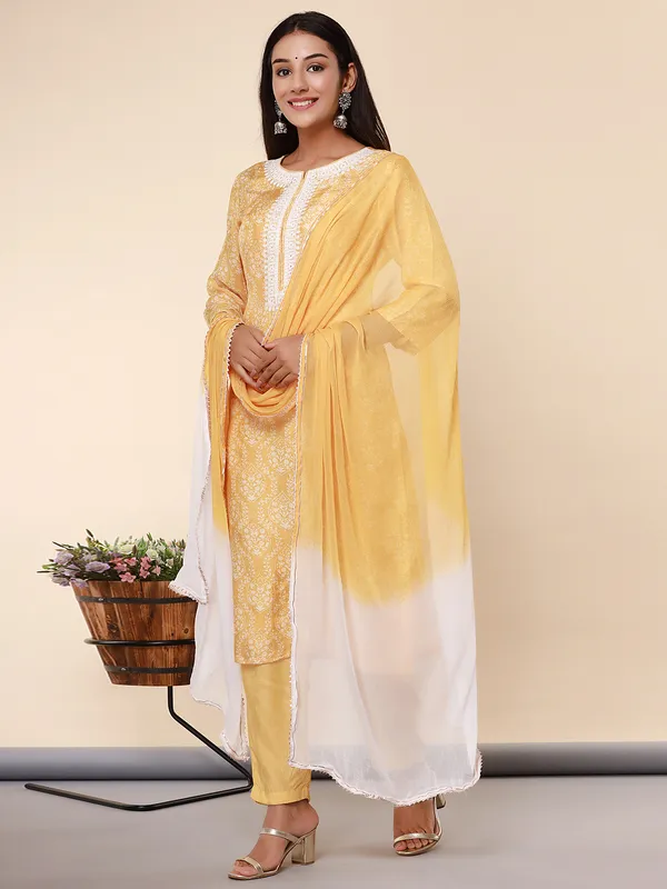 Yellow cotton printed kurti set for casual