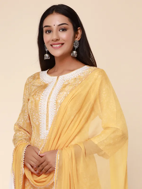 Yellow cotton printed kurti set for casual