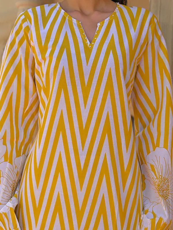 Yellow cotton printed kurti set for festival