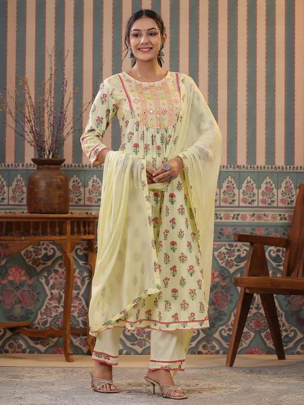 Yellow cotton printed kurti set for women
