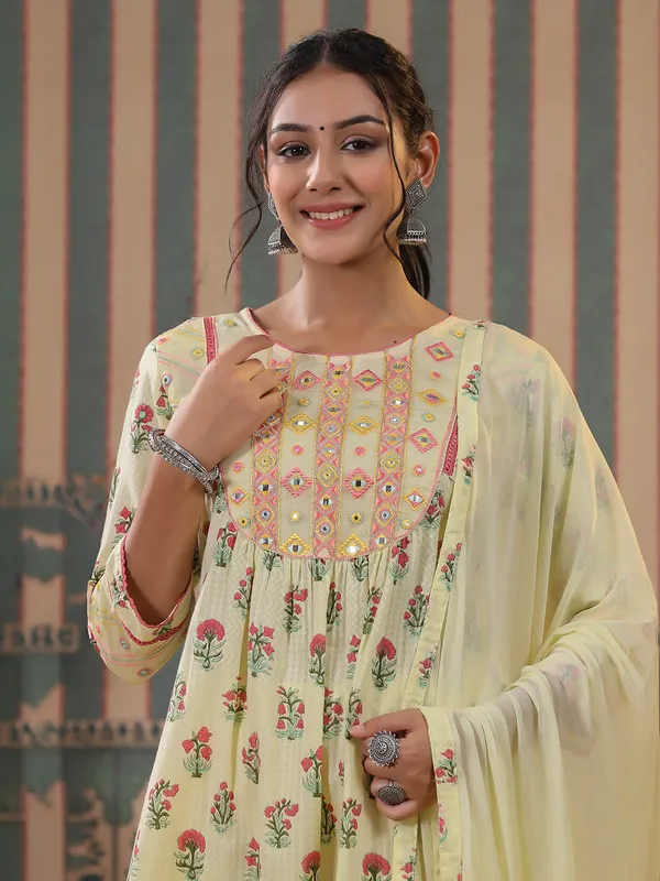 Yellow cotton printed kurti set for women