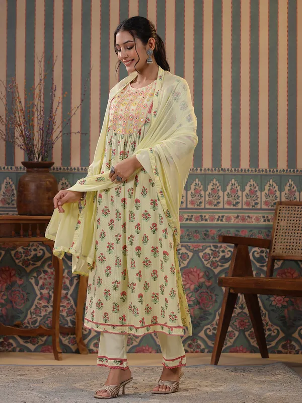 Yellow cotton printed kurti set for women