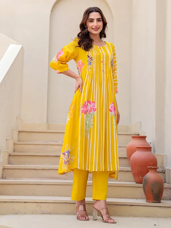 Yellow cotton printed kurti set for women festive wear