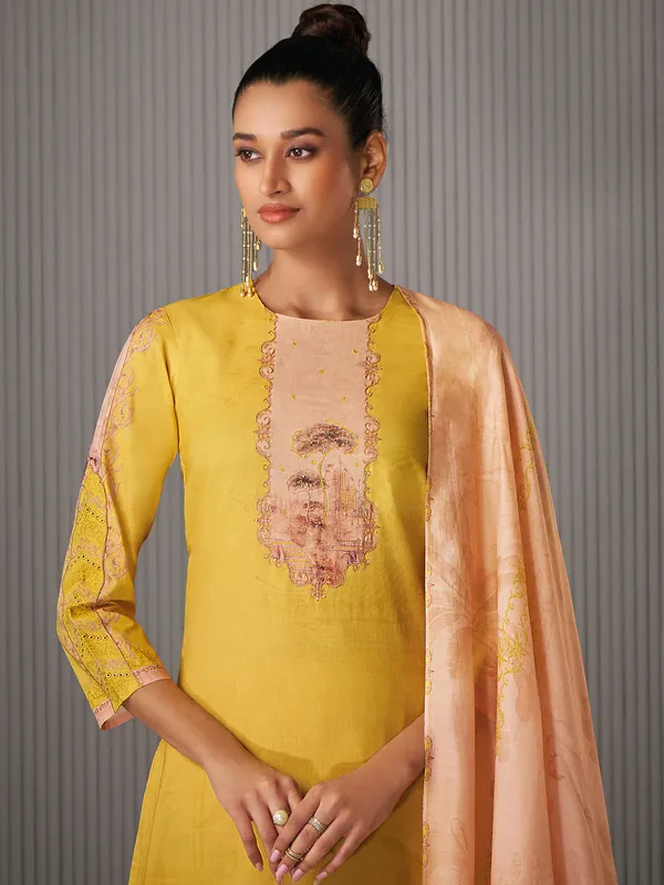 Yellow cotton printed salwar suit for women