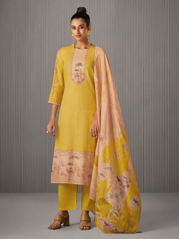 Yellow cotton printed salwar suit for women