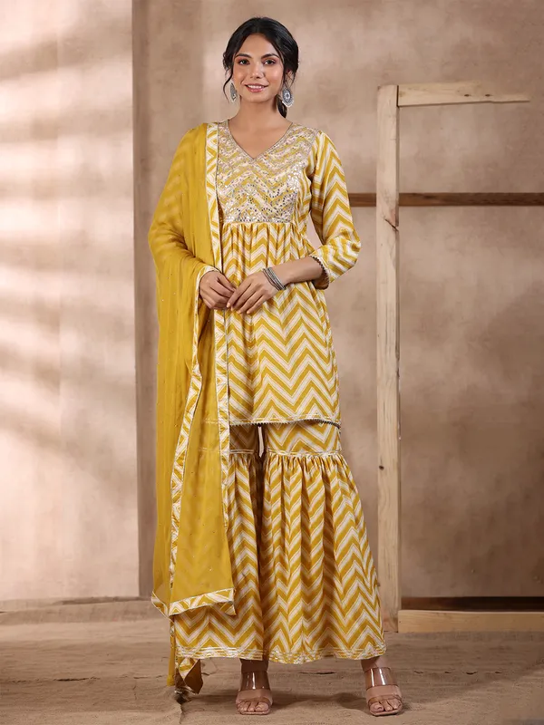 Yellow silk printed sharara set for casual