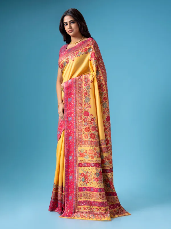 Yellow pashmina silk saree with contrast border