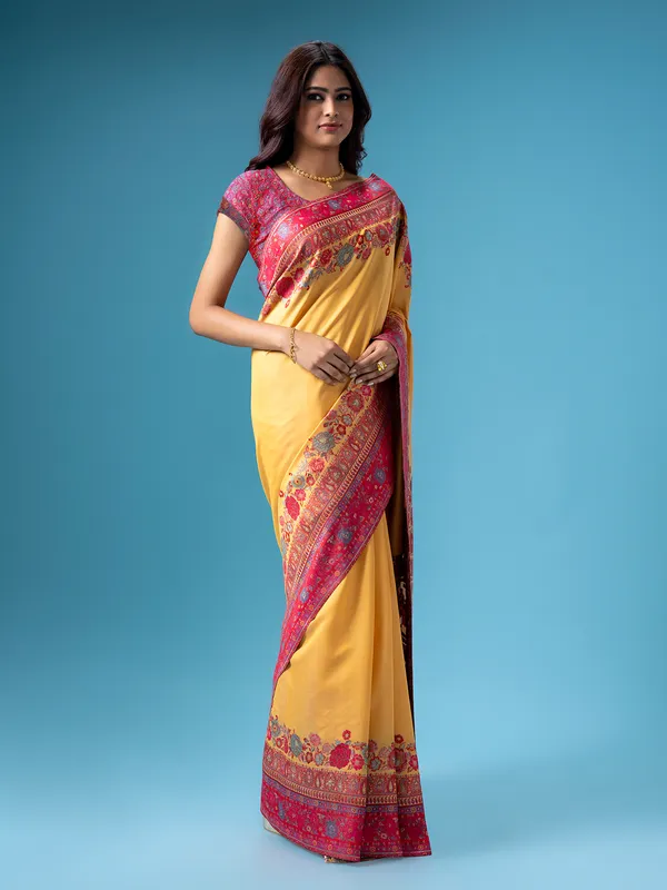 Yellow pashmina silk saree with contrast border