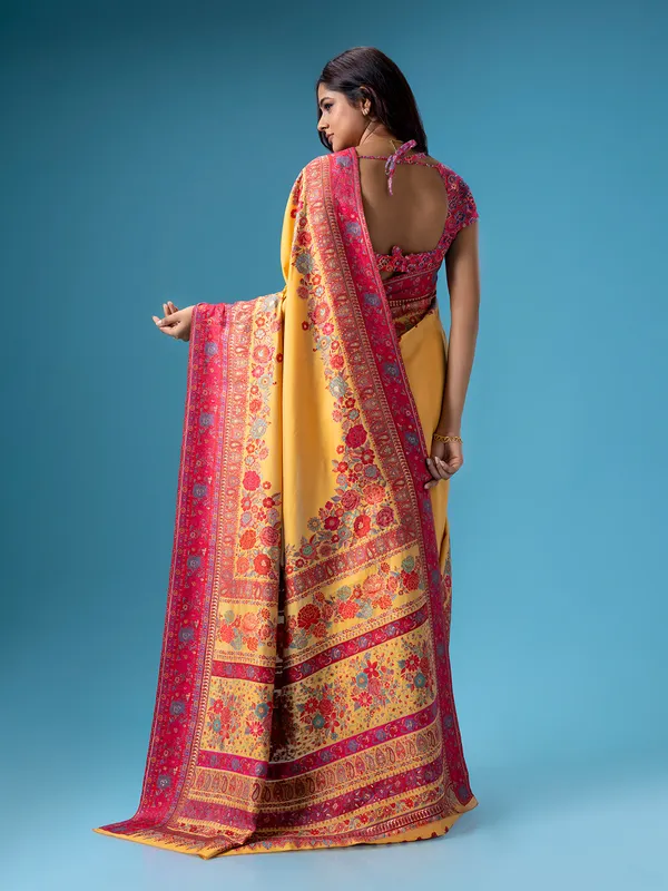 Yellow pashmina silk saree with contrast border