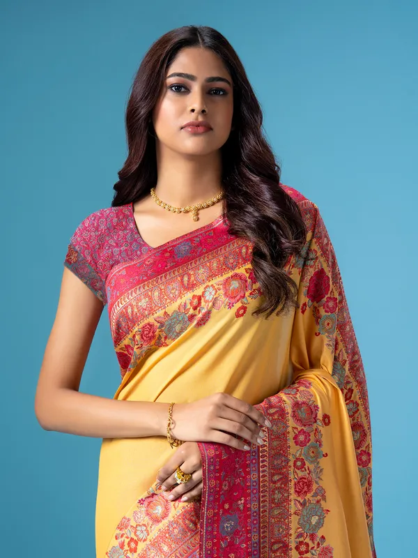 Yellow pashmina silk saree with contrast border