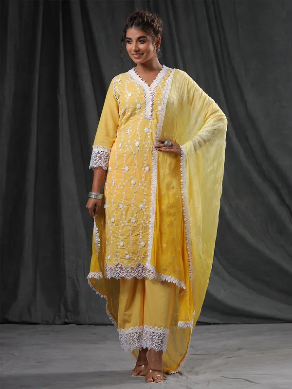 Yellow cotton silk casual pant suit