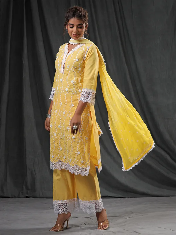 Yellow cotton silk casual pant suit