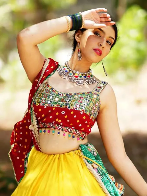 Yellow cotton silk chaniya choli in printed