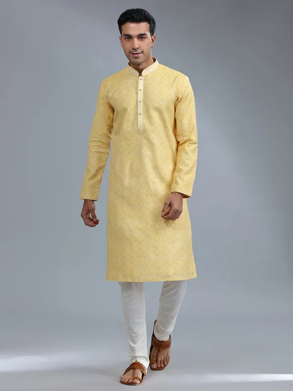 Yellow cotton silk festive style kurta pajama