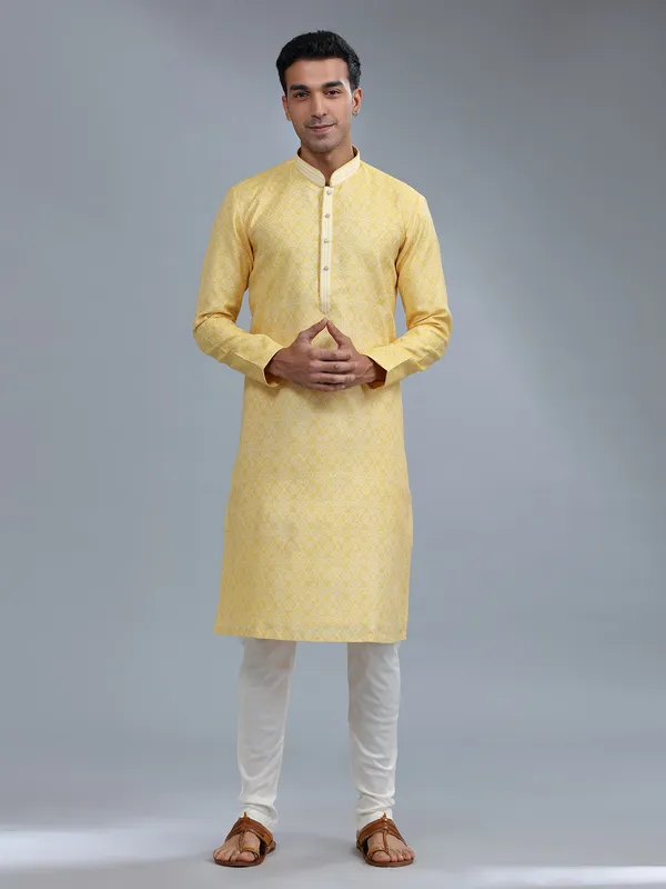 Yellow cotton silk festive style kurta pajama