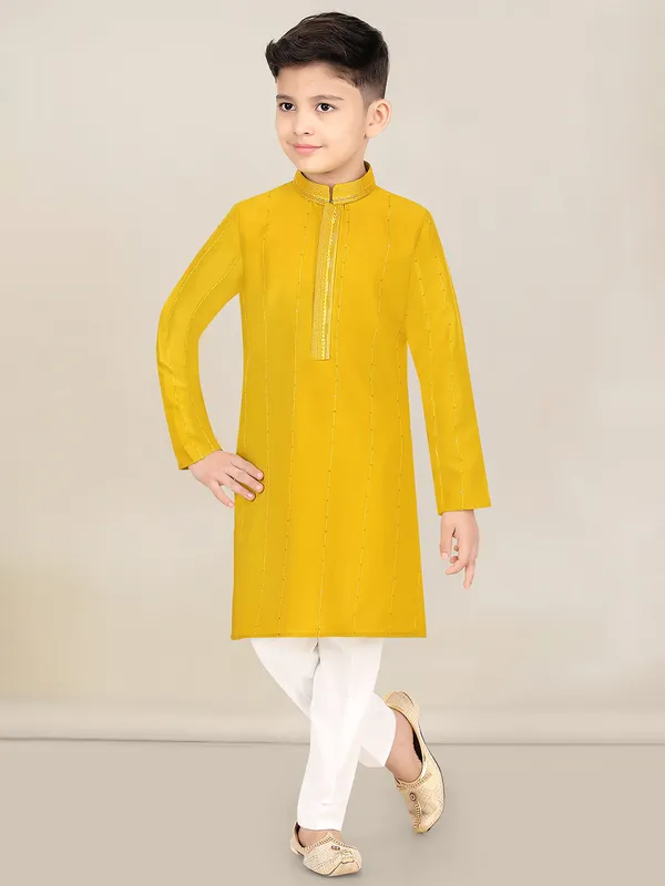 Yellow cotton silk haldi special kurta suit for boys