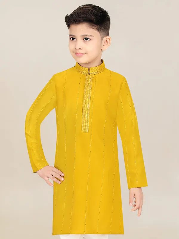 Yellow cotton silk haldi special kurta suit for boys