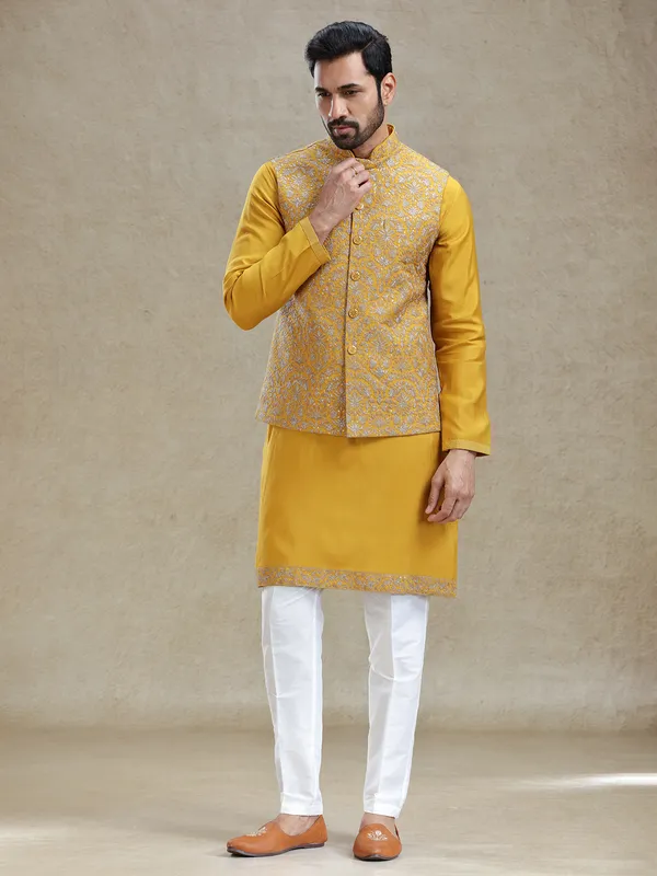 Yellow cotton silk kurta jacket set for haldi special look
