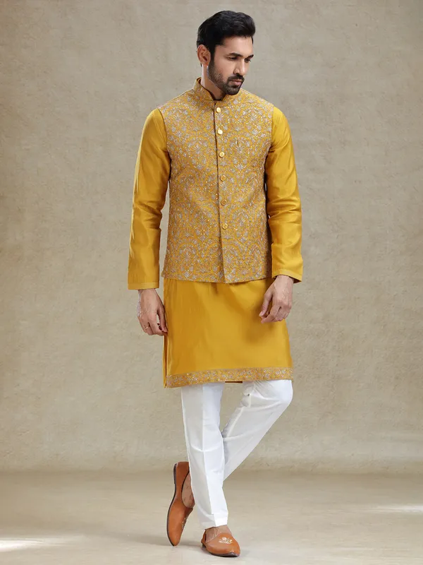 Yellow cotton silk kurta jacket set for haldi special look