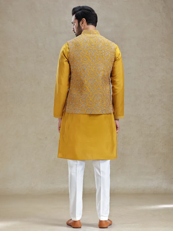 Yellow cotton silk kurta jacket set for haldi special look
