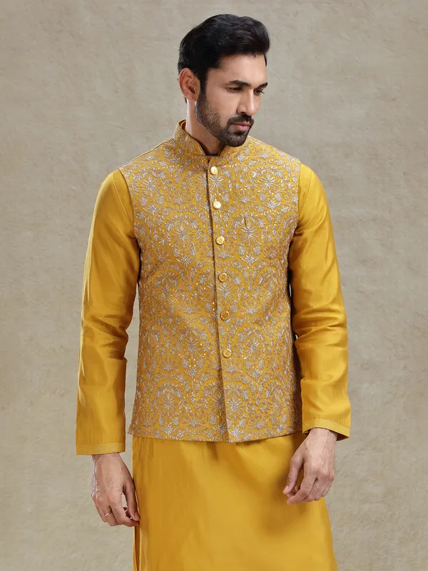 Yellow cotton silk kurta jacket set for haldi special look