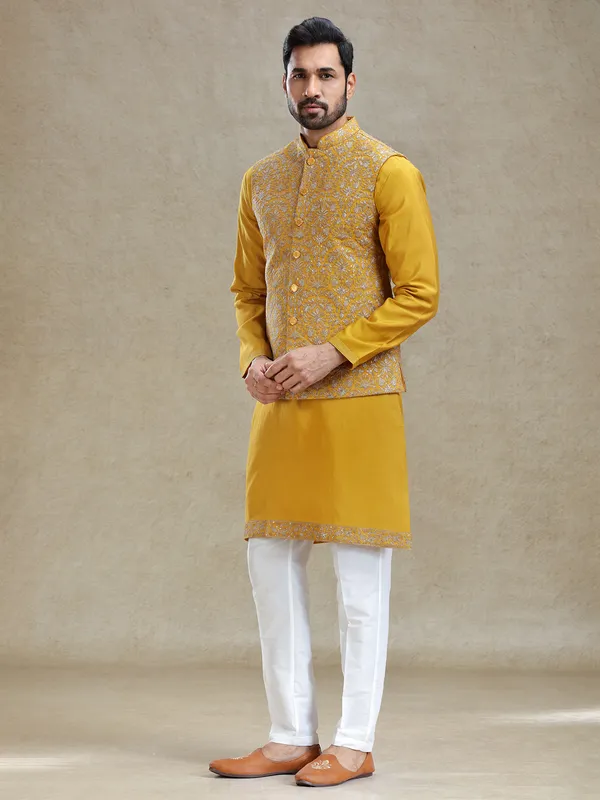 Yellow cotton silk kurta jacket set for haldi special look