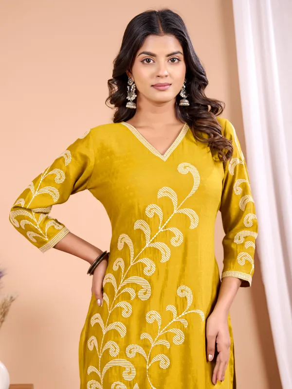 Yellow cotton silk kurti with embroidery work