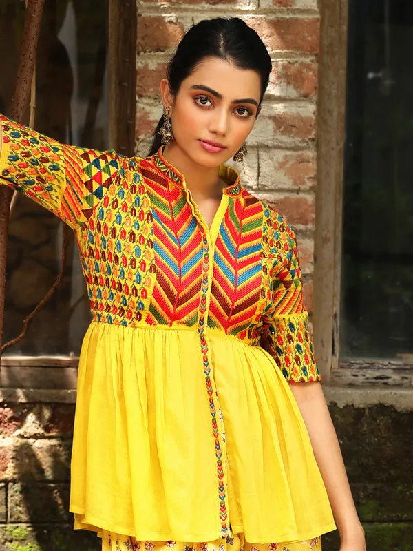 Yellow cotton silk printed dhoti suit