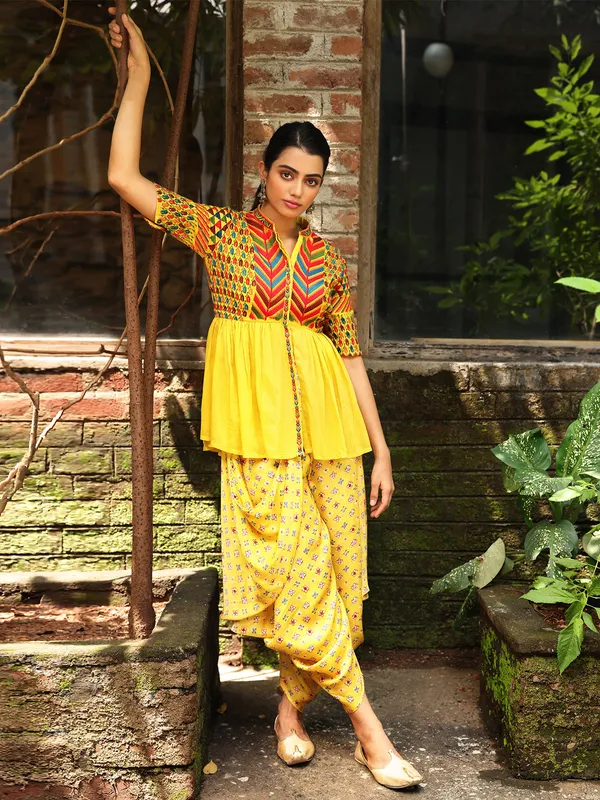 Yellow cotton silk printed dhoti suit
