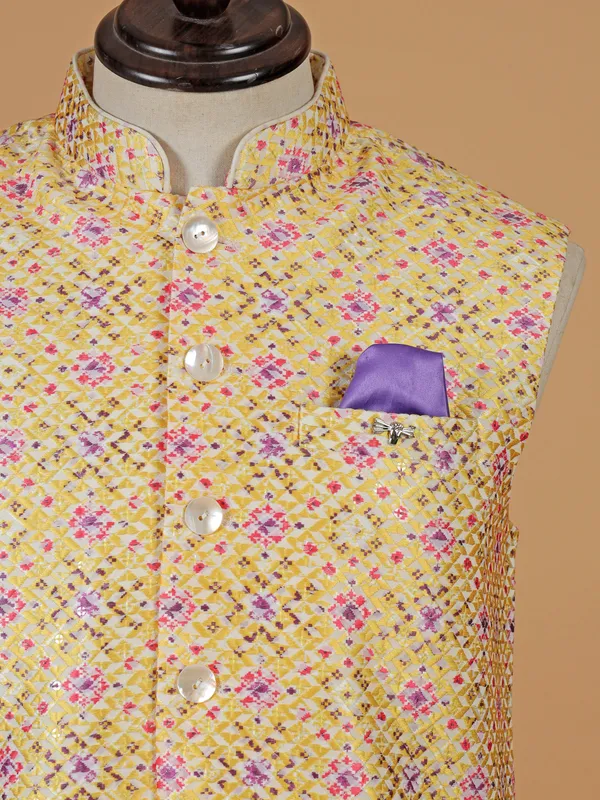 Yellow cotton silk printed waistcoat for men