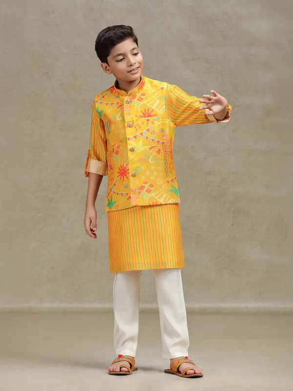 Yellow  cotton silk printed waistcoat set for boys