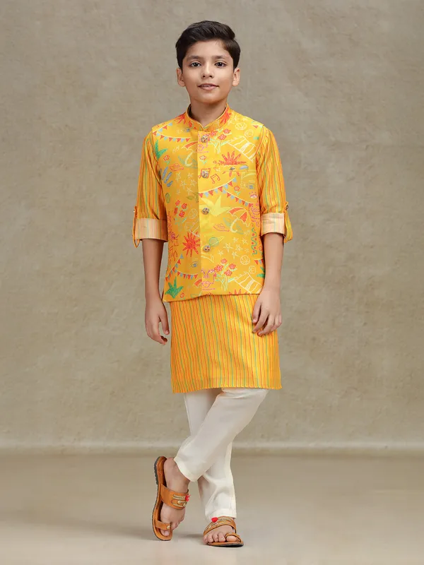 Yellow  cotton silk printed waistcoat set for boys
