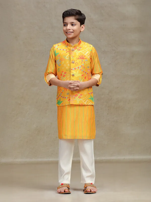 Yellow  cotton silk printed waistcoat set for boys