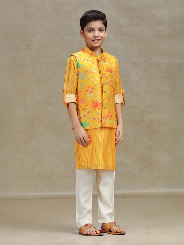 Yellow  cotton silk printed waistcoat set for boys