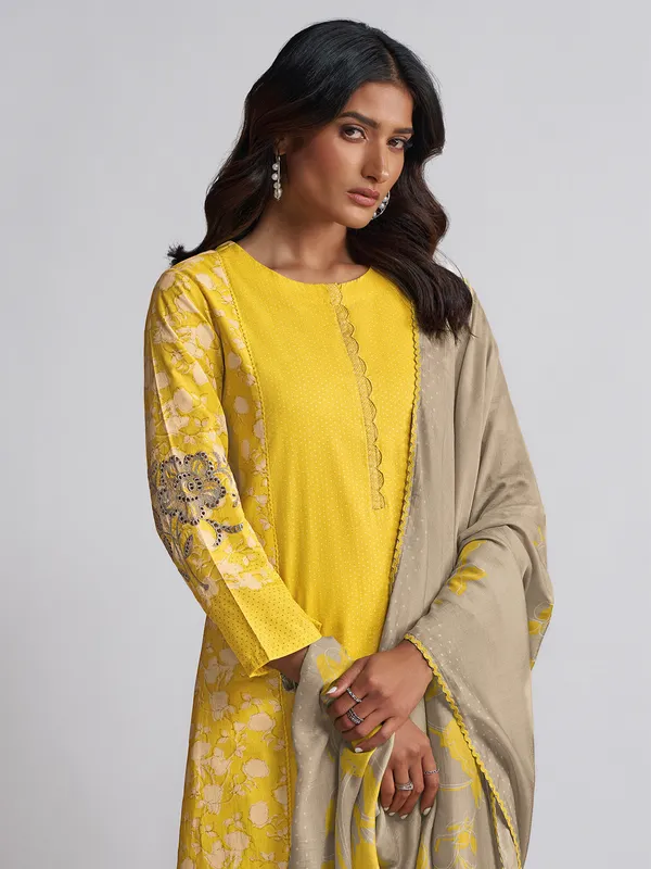Yellow cotton silk salwar suit with cutwork