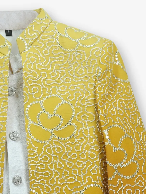 Yellow cotton silk thread work indo-western set