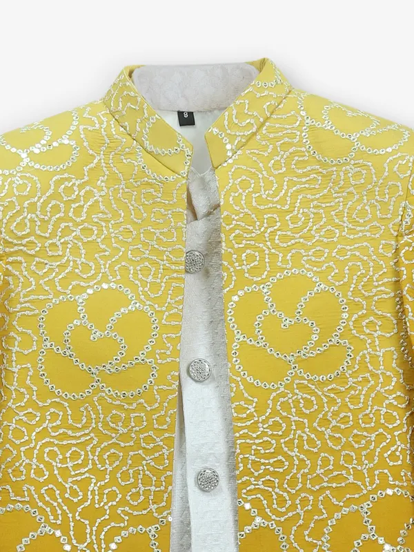 Yellow cotton silk thread work indo-western set