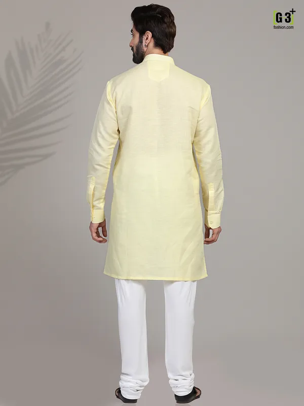 Yellow cotton stand collar classic  Men Kurta pajama
