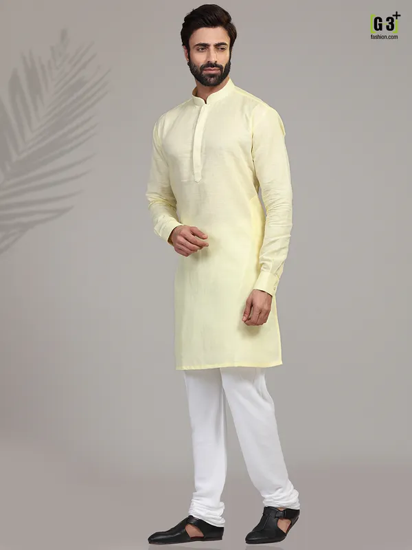 Yellow cotton stand collar classic  Men Kurta pajama