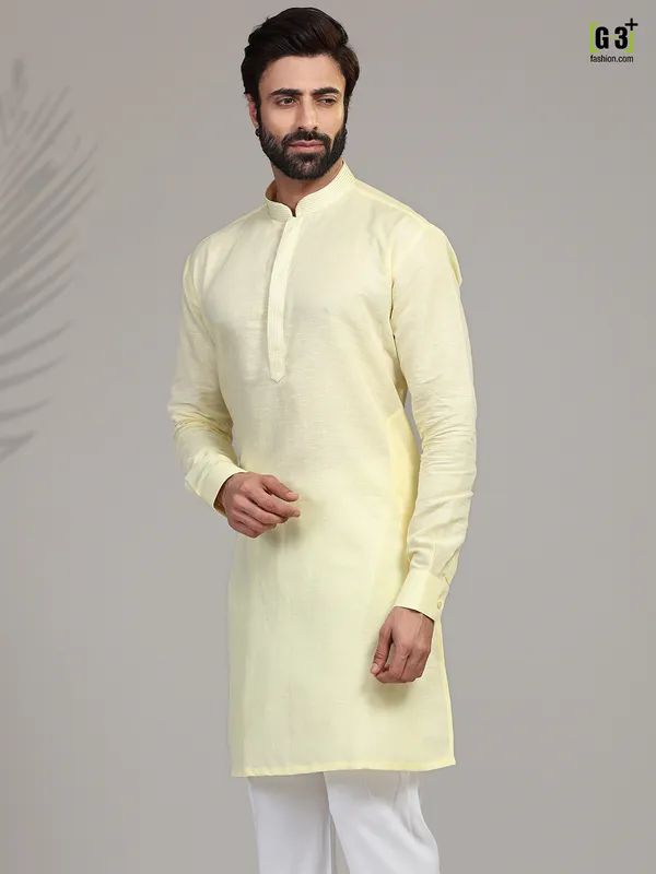 Yellow cotton stand collar only kurta