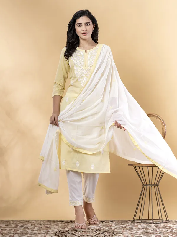 Yellow cotton straight cut kurti set with dupatta